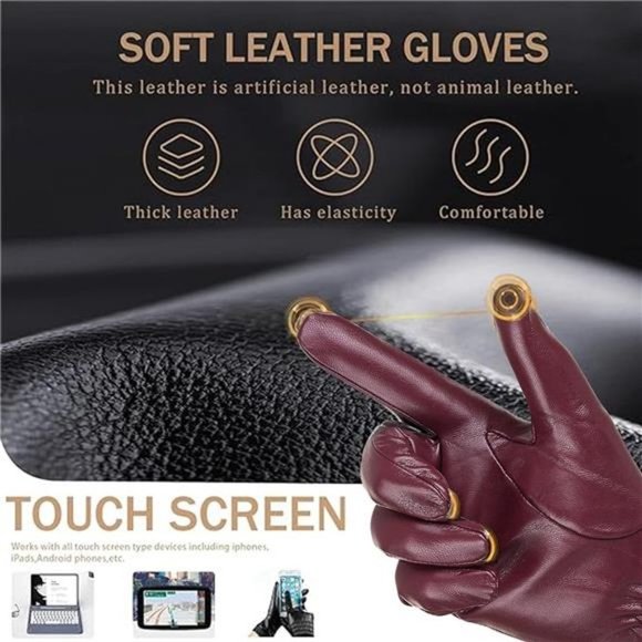Women BlackWinter Leather Warm Touchscreen Driving Texting Cashmere Lined Gloves - Picture 3 of 8